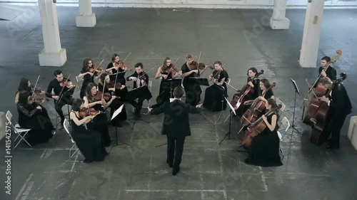 Orchestra. Musician playing violin on the symphony hall