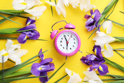 Fototapeta Naklejka Na Ścianę i Meble -  Purple and white iris flowers with alarm clock on yellow background