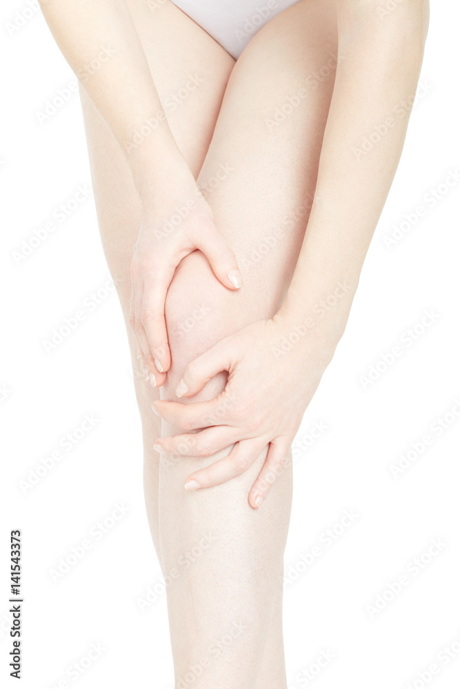 Young woman legs with knee pain isolated on white, clipping path