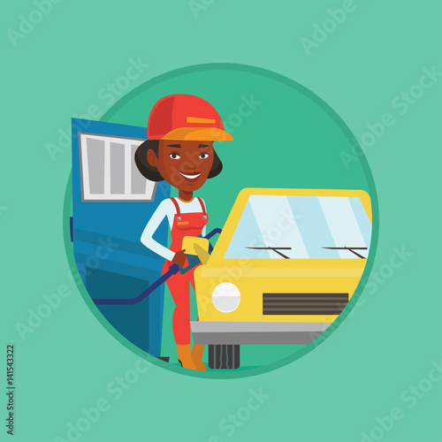 Worker filling up fuel into car.