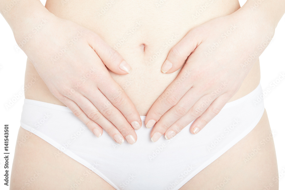 Woman regularity and stomach pain isolated on white, clipping path Woman regularity and stomach pain isolated on white, clipping path
