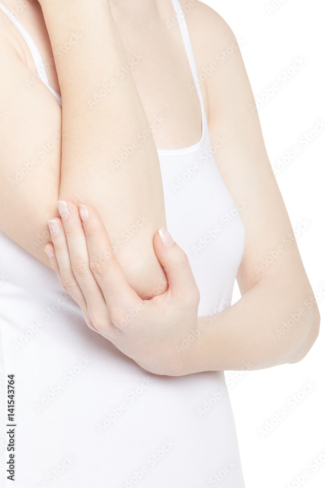 Young woman torso with hand holding elbow in pain isolated on white, clipping path Young woman torso with hand holding elbow in pain isolated on white, clipping path