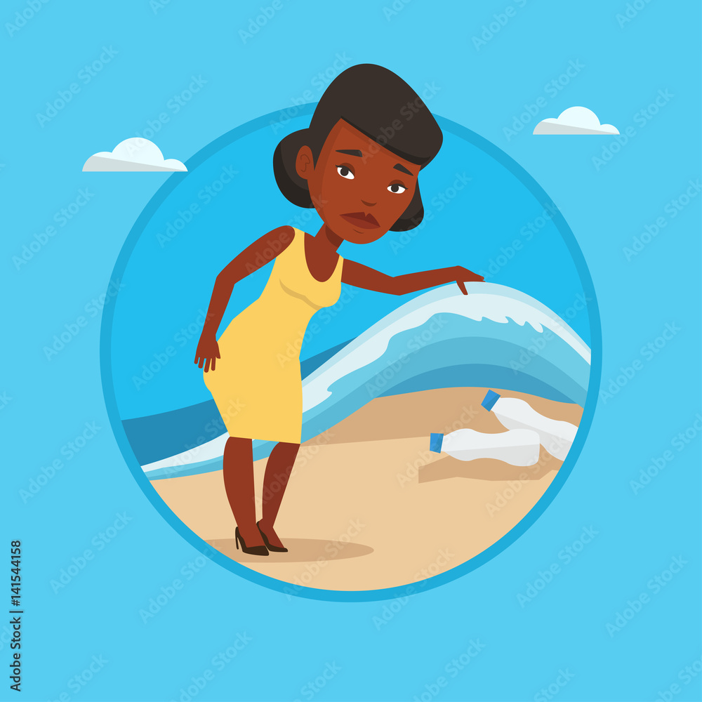 Woman showing plastic bottles under sea wave. Woman showing plastic bottles under sea wave.