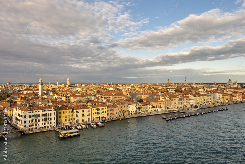 Venetian aerial view from the cruise ship which leaves the port of Venice (Venezia Terminal Passegeri Porto). Italy.