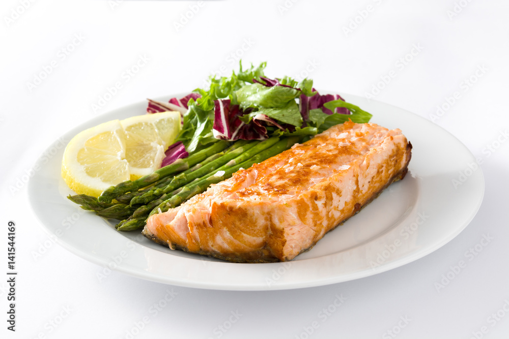 Grilled salmon fillet with asparagus and salad in plate isolated on white background
Grilled salmon fillet with asparagus and salad in plate isolated on white background