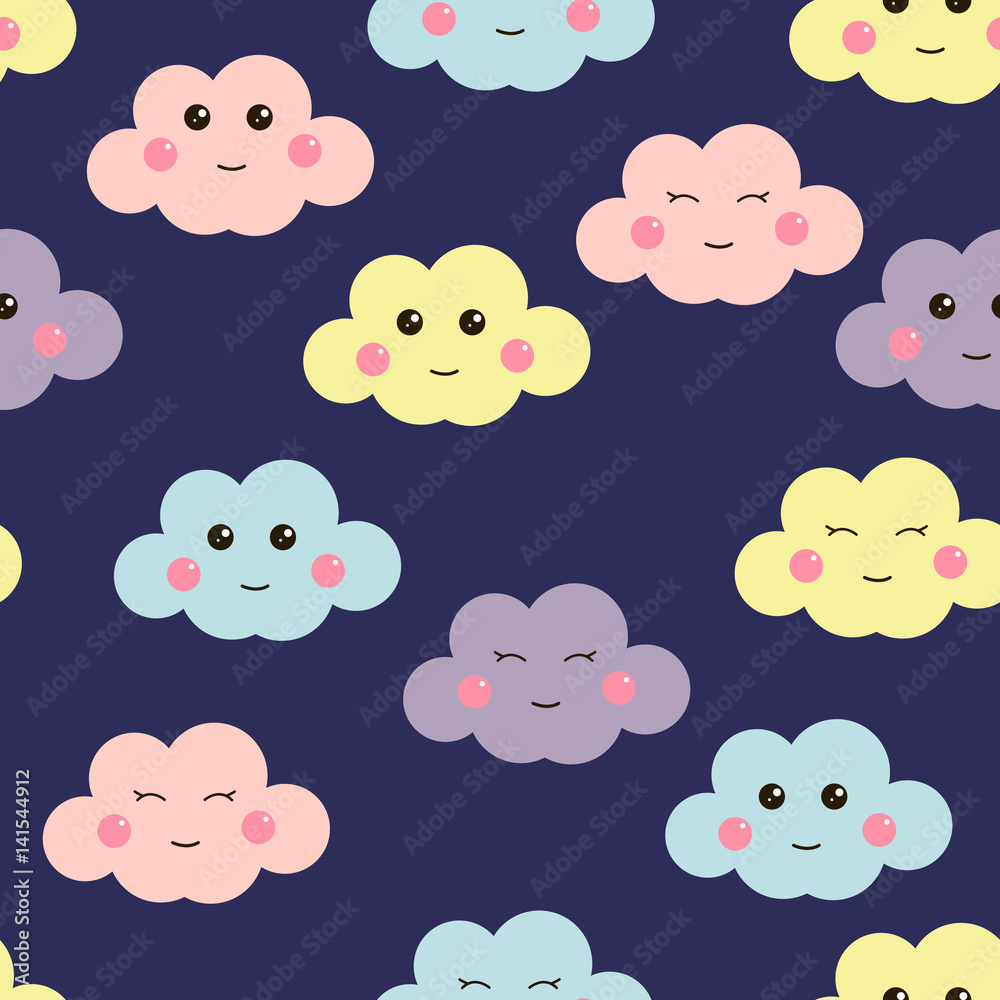 Cute seamless pattern with cute clouds. Design for kids. Vector illustration.