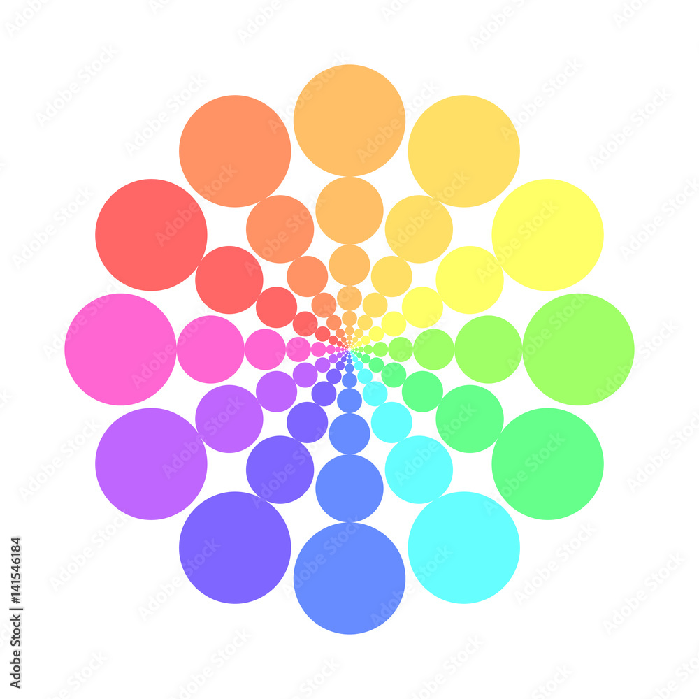 Partly transparent rainbow spectrum color circles arranged in the rings. Vector illustration.