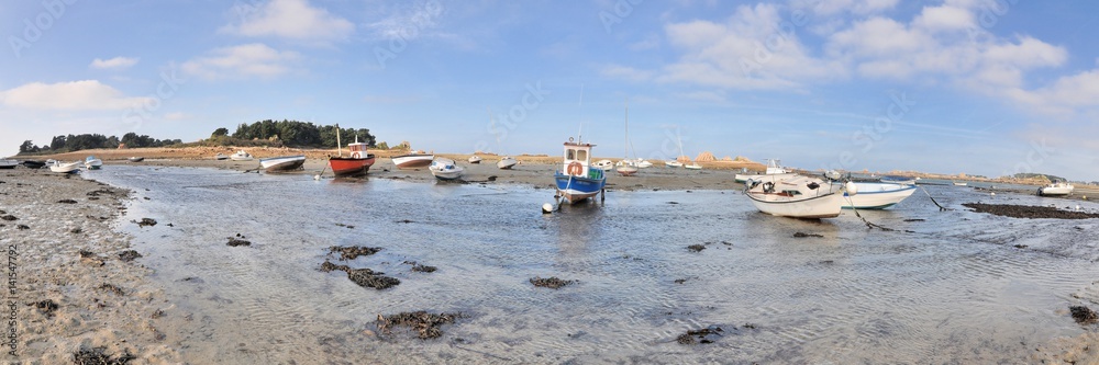 Obraz premium Photo panoramique du port de Buguélès à marée basse en Bretagne