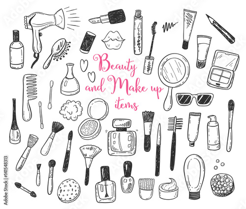 Hand drawn beauty, make up, cosmetic doodles, isolated vector illustrations on a white background.