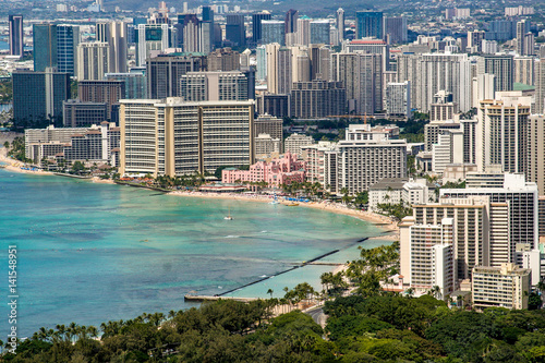A stunning view of the skyscrapers in Waikiki, Oahu, Hawaii, from the Diamond Head crater.