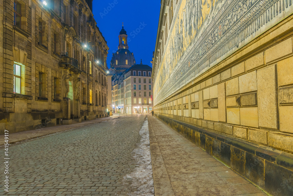 Dresden, Germany, with historic buildings and the Fuerstenzug (Procession of Princes), a giant mural