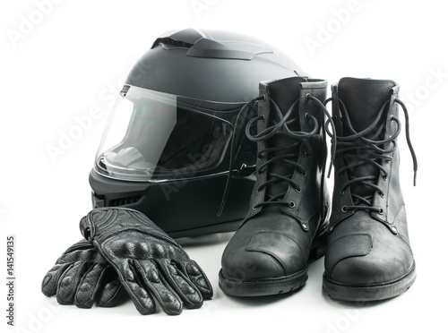 Motorcycle helmet, gloves and boots.