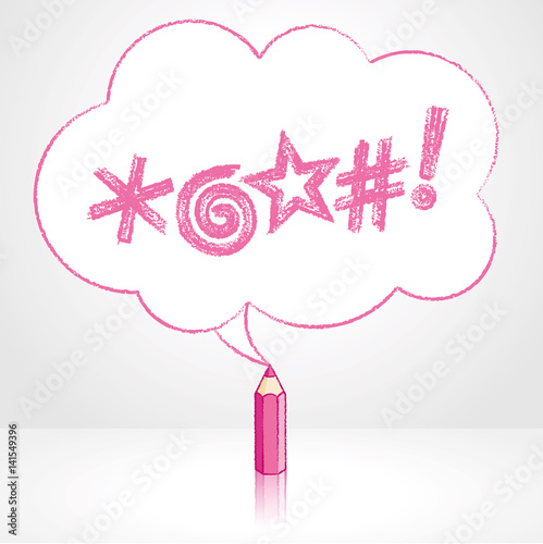 Pink Pencil Drawing Swearing Icons Fluffy Cloud Speech Balloon