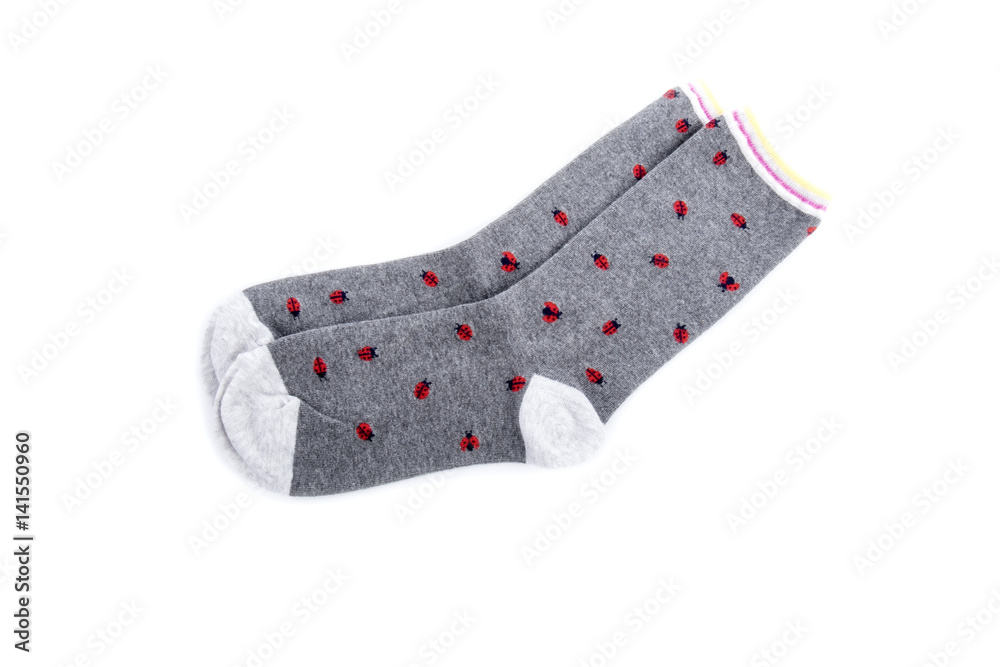 Women's Gray Socks with Lady Bug Design Isolated on White Women's Gray Socks with Lady Bug Design Isolated on White