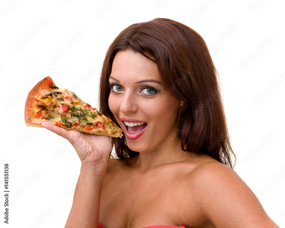 Smiling woman with big pizza isolated on a white Smiling woman with big pizza isolated on a white