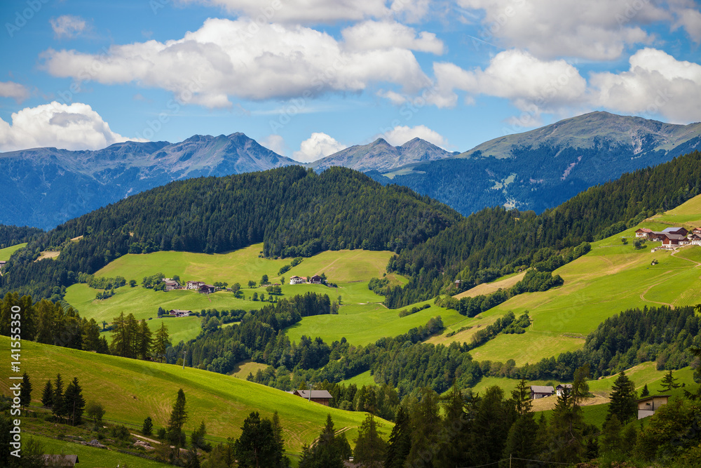 Serene view of village Santa Magdalena in Dolomite Alps, Italy