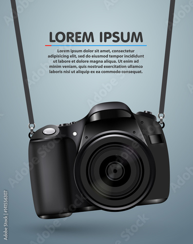 Hanging realistic photo camera. Professional photo studio banner.