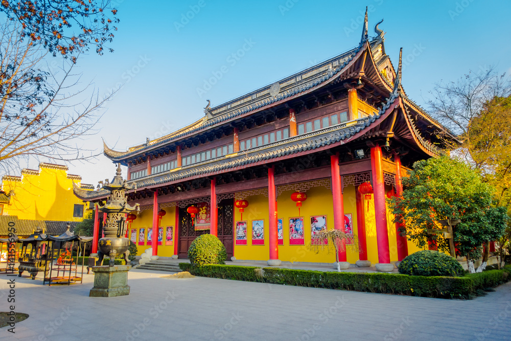 Fototapeta premium SHANGHAI, CHINA - 29 JANUARY, 2017: Beautiful traditional chinese buildings located inside Zhouzhuang water town, ancient city district with channels and old buildings, charming popular tourist area