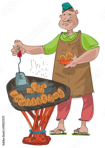 An indian street vendor offers traditional dish. Cartoon.