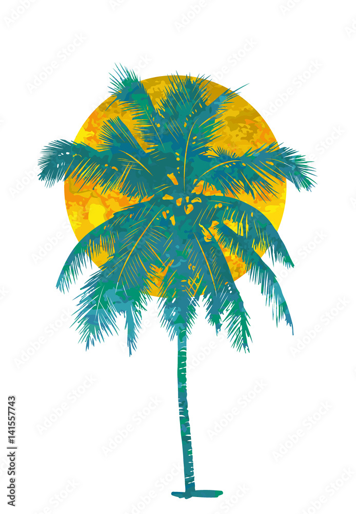 Fototapeta premium Isolated watercolor palms and sun on a white background. A tropical sunset or sunrise. Vector illustration.