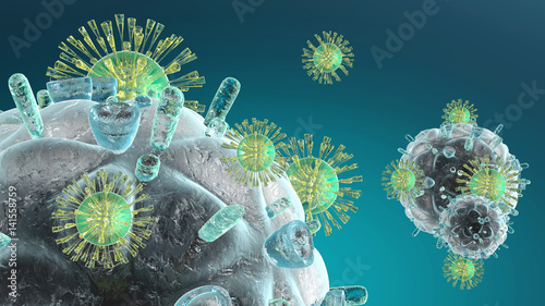 Fotografie Immune System cells attacking a HIV Virus