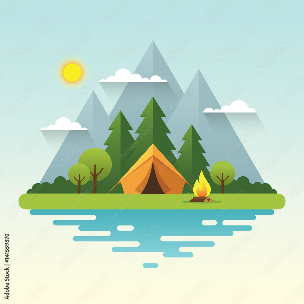 Sunny day camping illustration in flat style - obrazy, fototapety, plakaty 