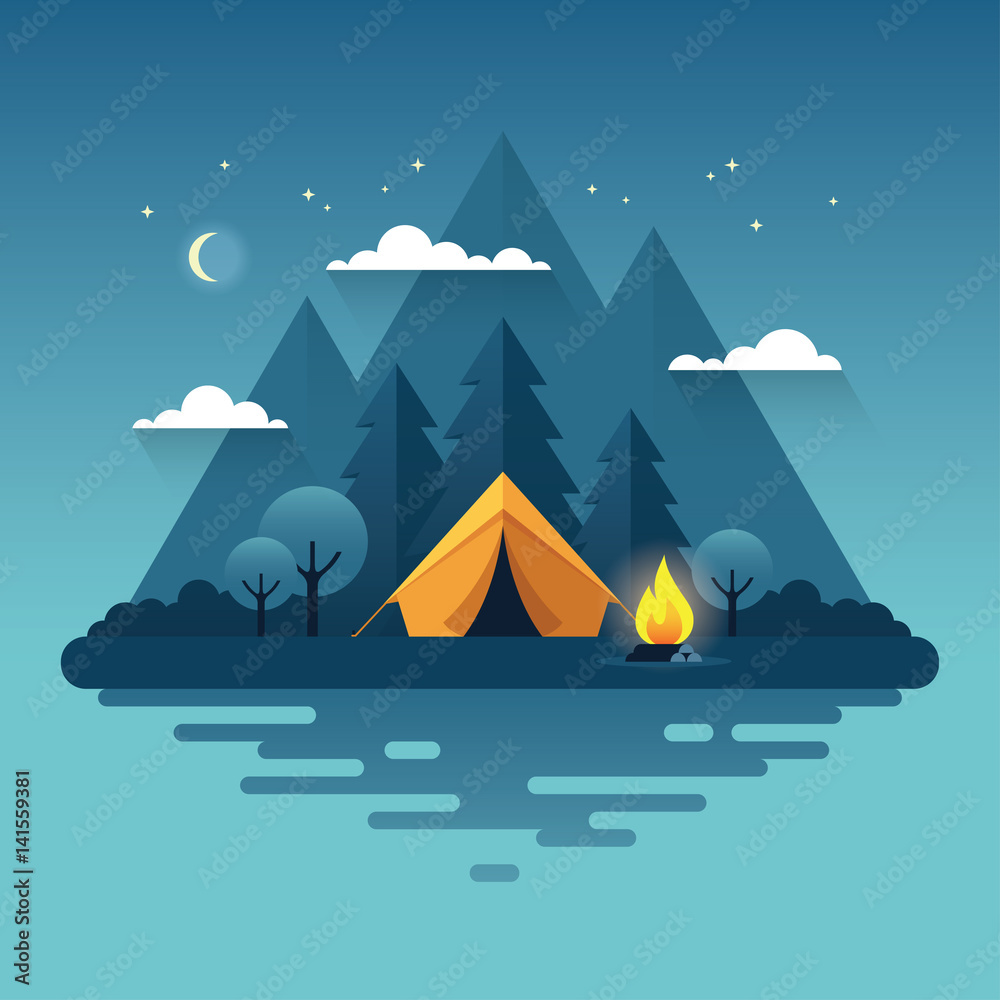 Night camping illustration in flat style