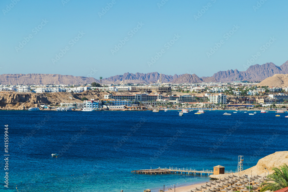 Mountain resort and the sea. Sinai Peninsula, Bay of Naama Bay, Red Sea, Egypt