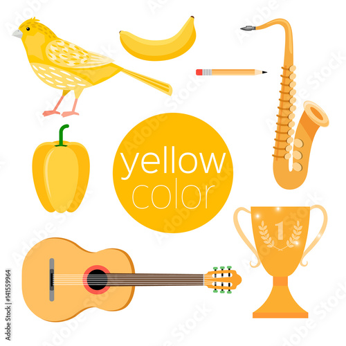 Set of yellow items: canary, banana, saxophone, guitar, winner cup, pepper, pencil