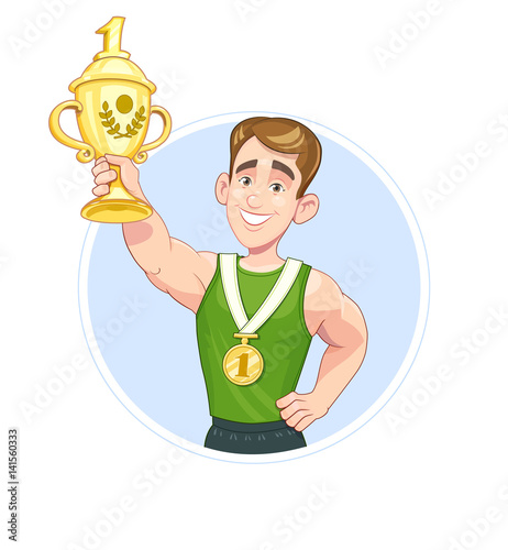 Winner sportsman with cup and medal, isolated white background.