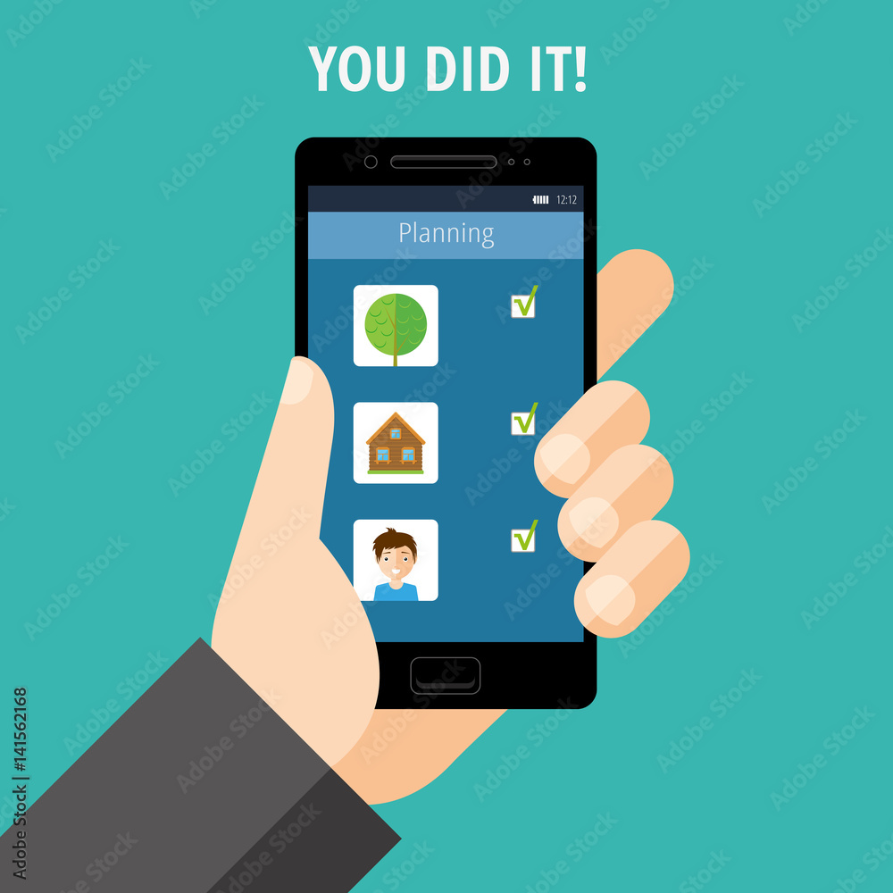 Hand holding a phone with the scheduling tasks. The words Hand holding a phone with the scheduling tasks. The words