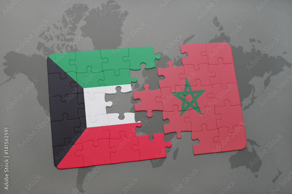 puzzle with the national flag of kuwait and morocco on a world map ...