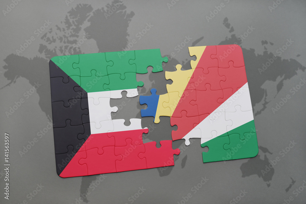 puzzle with the national flag of kuwait and seychelles on a world map ...