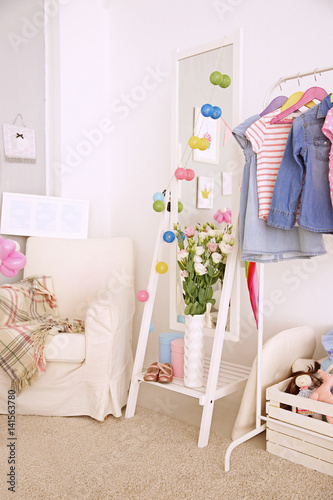 Beautiful interior of child s room decorated for birthday celebration