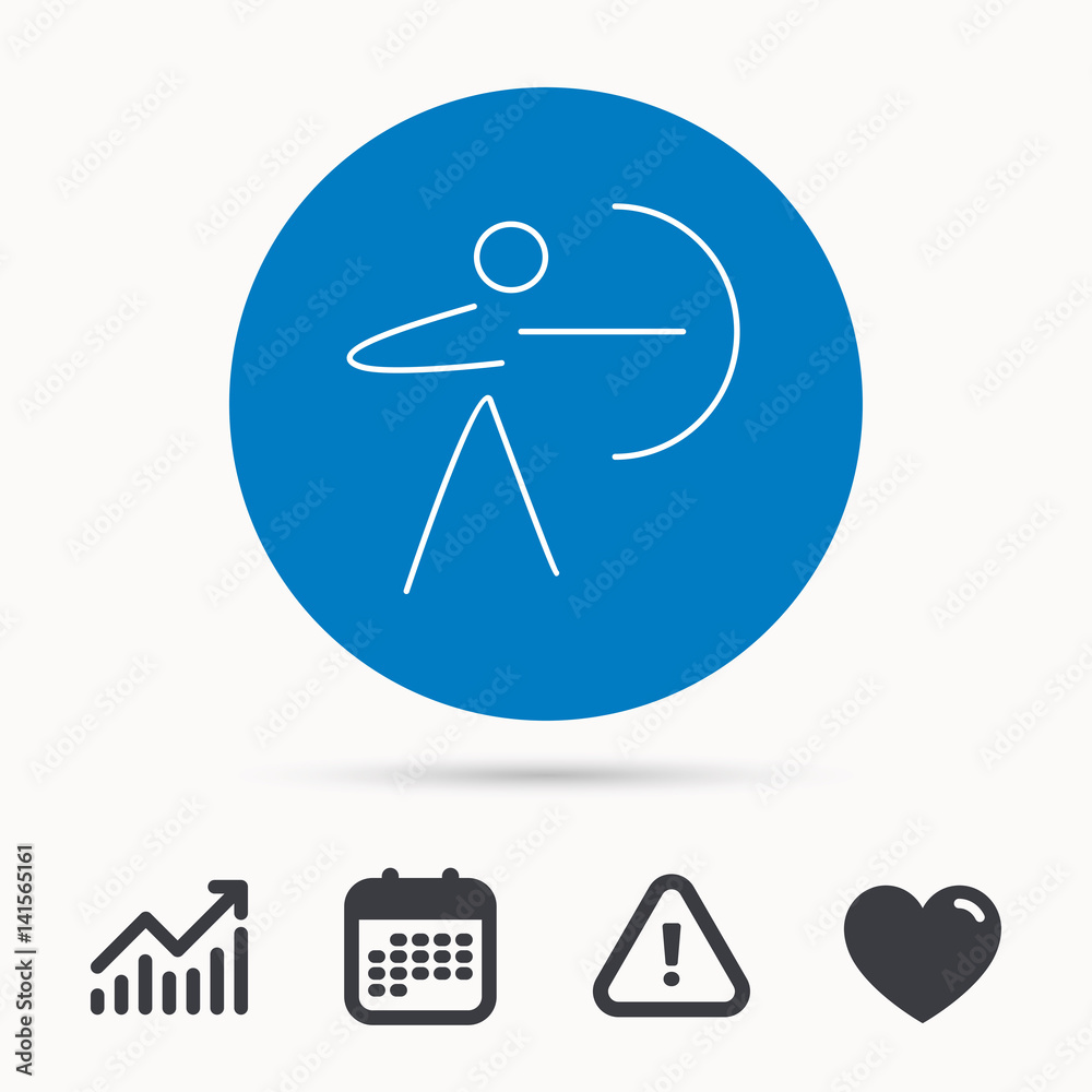 Archery sport icon. Archer with longbow sign. Aiming or targeting symbol. Calendar, attention sign and growth chart. Button with web icon. Vector Archery sport icon. Archer with longbow sign. Aiming or targeting symbol. Calendar, attention sign and growth chart. Button with web icon. Vector