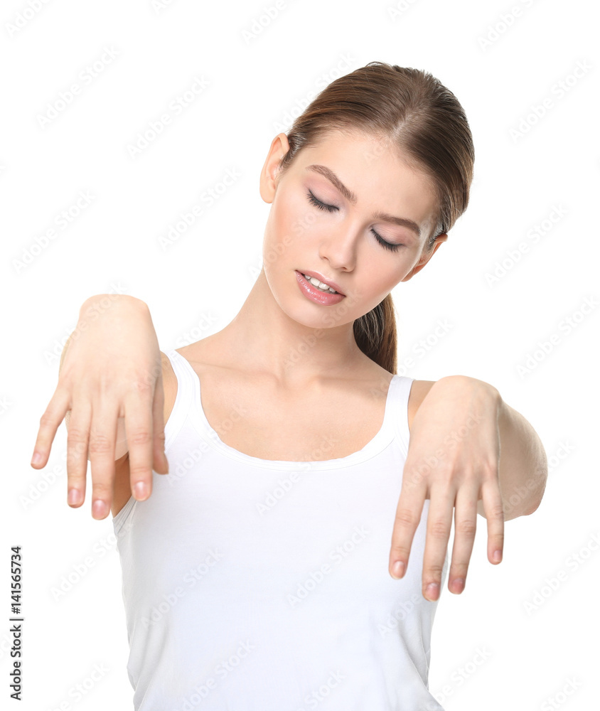 Young sleepy woman suffering from somnambulism on white background Young sleepy woman suffering from somnambulism on white background