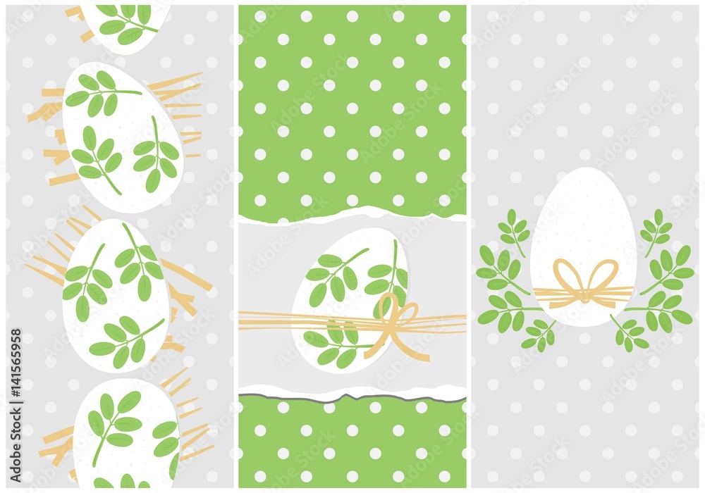 white eggs with green leaf motif vector Easter holiday card set on dotted background