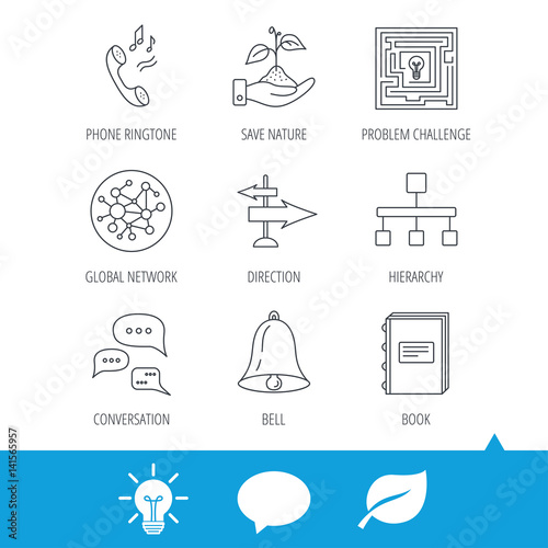 Conversation, global network and direction icons. Save nature, maze and book linear signs. Bell and phone ringtone flat line icons. Light bulb, speech bubble and leaf web icons. Vector