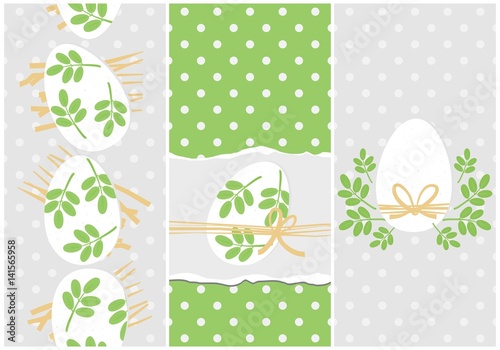 Obraz na płótnie white eggs with green leaf motif vector Easter holiday card set on dotted background w salonie