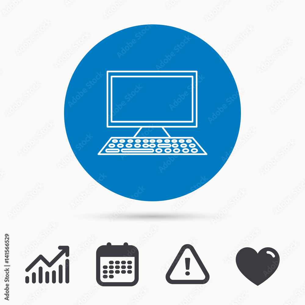 Computer PC icon. Widescreen display sign. Calendar, attention sign and growth chart. Button with web icon. Vector Computer PC icon. Widescreen display sign. Calendar, attention sign and growth chart. Button with web icon. Vector