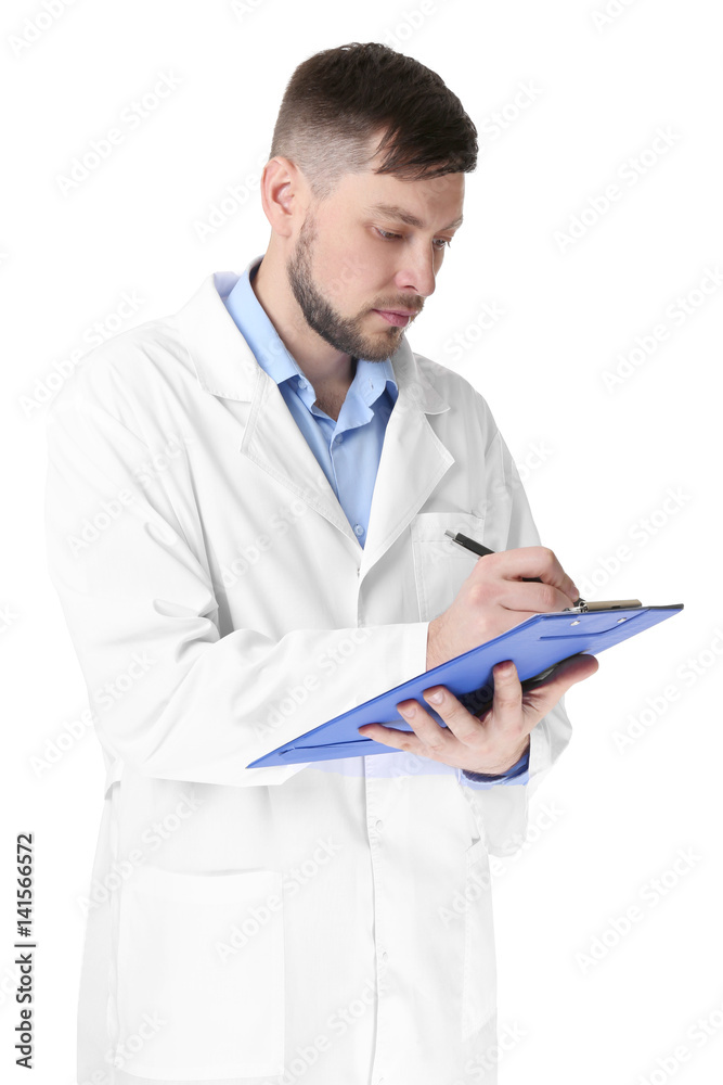 Young handsome pharmacist with clipboard on white background Young handsome pharmacist with clipboard on white background