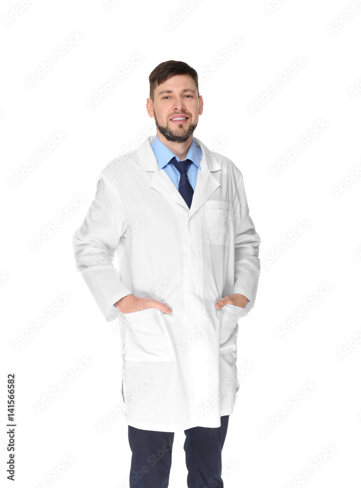 Young handsome pharmacist standing on white background Young handsome pharmacist standing on white background