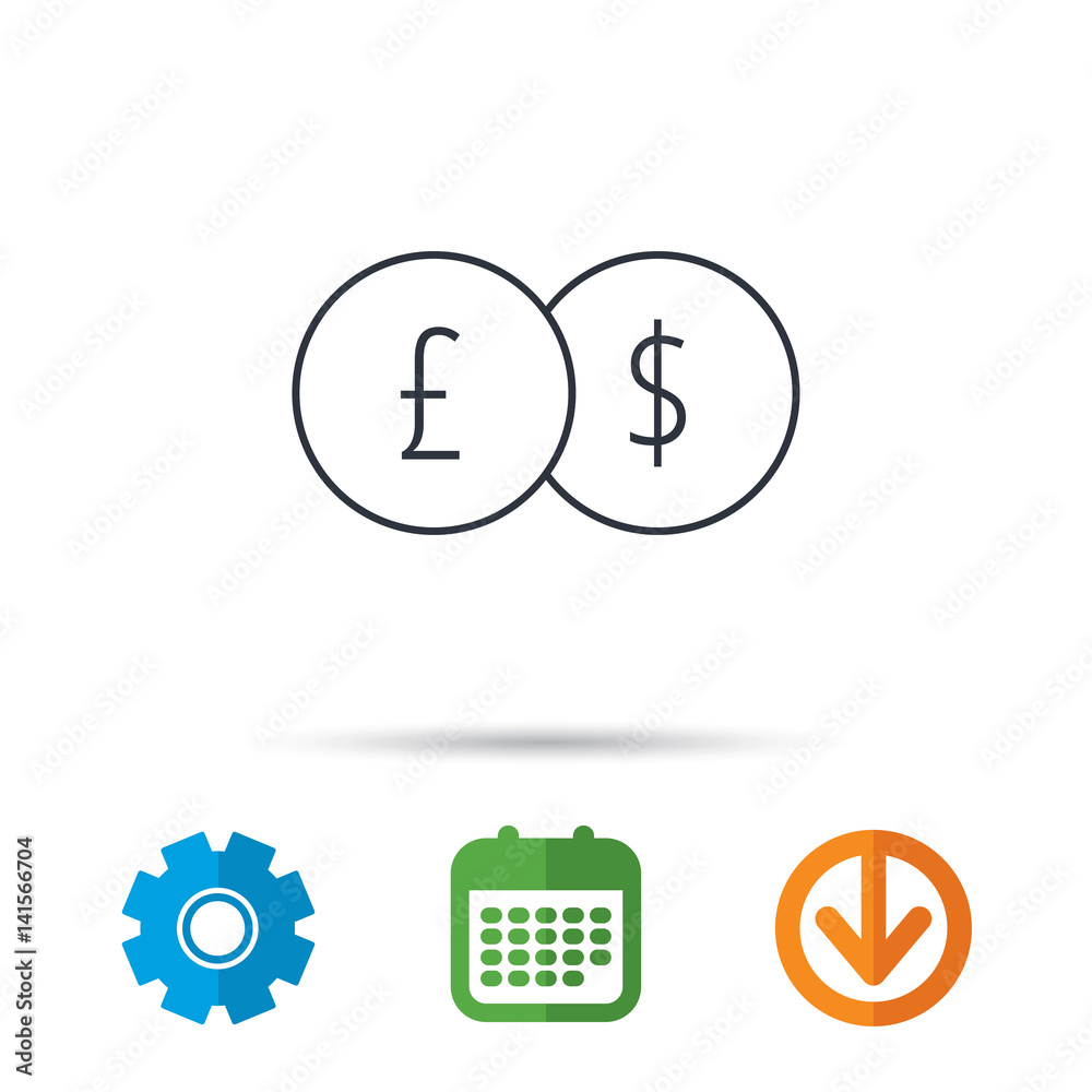 Currency exchange icon. Banking transfer sign. Pound to Dollar symbol. Calendar, cogwheel and download arrow signs. Colored flat web icons. Vector
