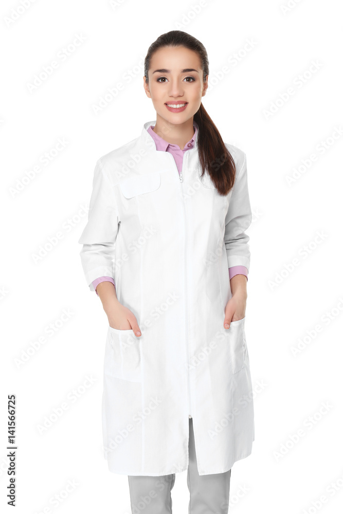 Young woman pharmacist standing on white background Young woman pharmacist standing on white background