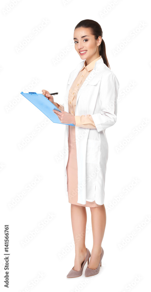 Young woman pharmacist with clipboard on white background Young woman pharmacist with clipboard on white background