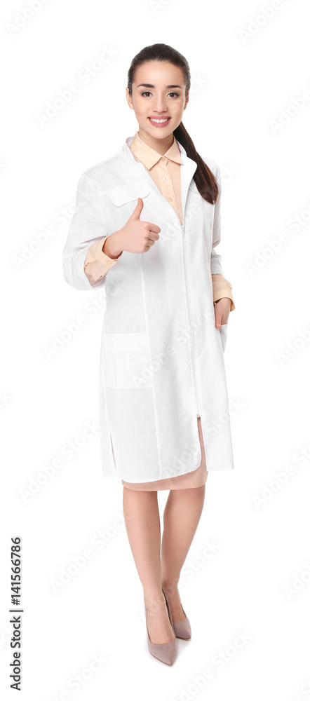 Young woman pharmacist standing on white background Young woman pharmacist standing on white background