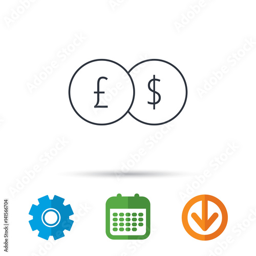 Currency exchange icon. Banking transfer sign. Pound to Dollar symbol. Calendar, cogwheel and download arrow signs. Colored flat web icons. Vector