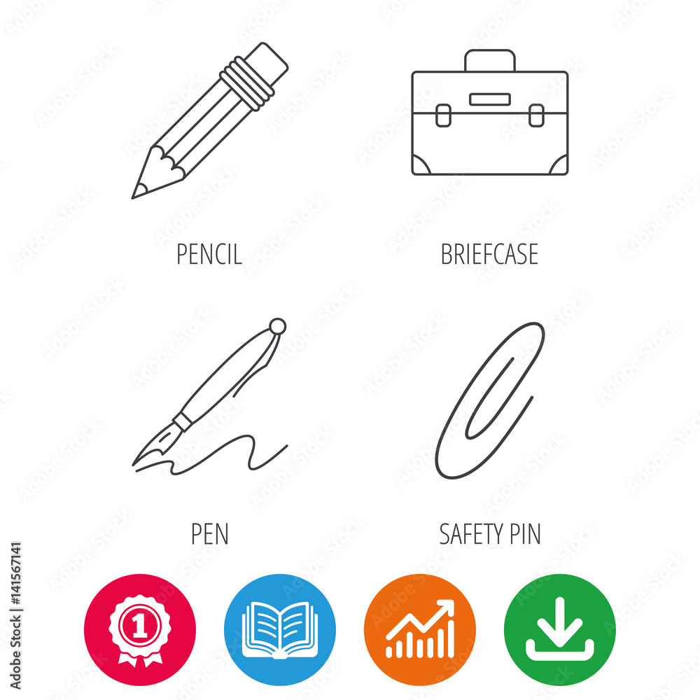 Briefcase, pencil and safety pin icons. Pen linear sign. Award medal, growth chart and opened book web icons. Download arrow. Vector Briefcase, pencil and safety pin icons. Pen linear sign. Award medal, growth chart and opened book web icons. Download arrow. Vector