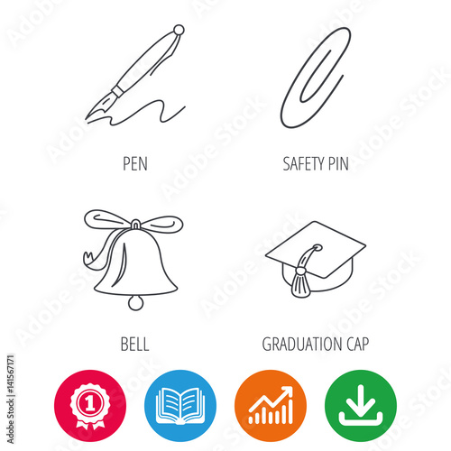 Graduation cap  pen and bell icons. Safety pin linear signs. Award medal  growth chart and opened book web icons. Download arrow. Vector