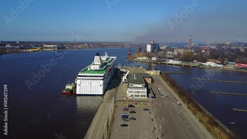 Aerial view of the huge cruise ferry docked in harbour in Riga, Latvia. April 10, 2016. photo